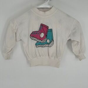 Vintage 80s Kids White Long Sleeve Sweatshirt with Pink and Teal Boots Skii